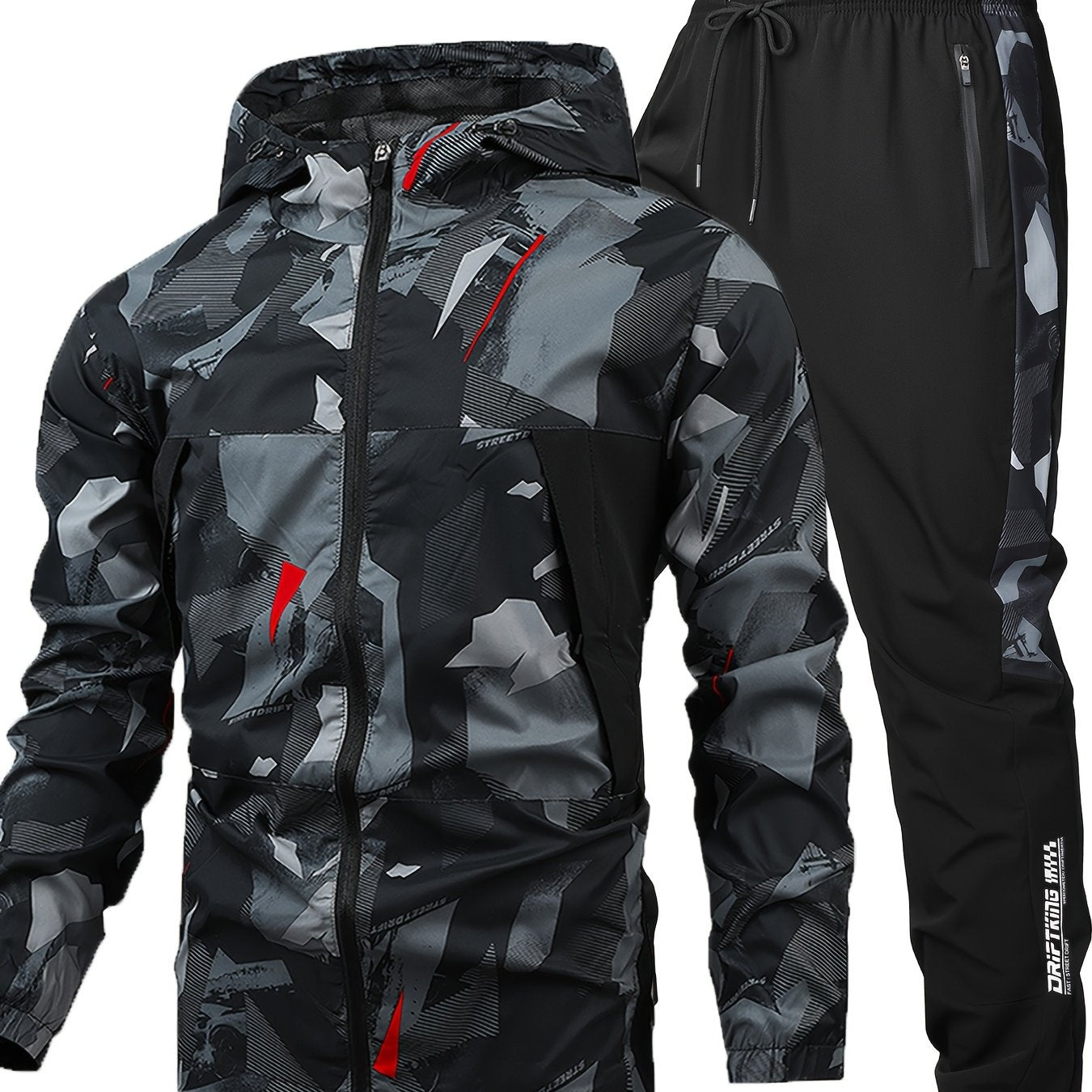 Men's Camo Long Sleeve Hooded Sports Outfit with Casual Pants