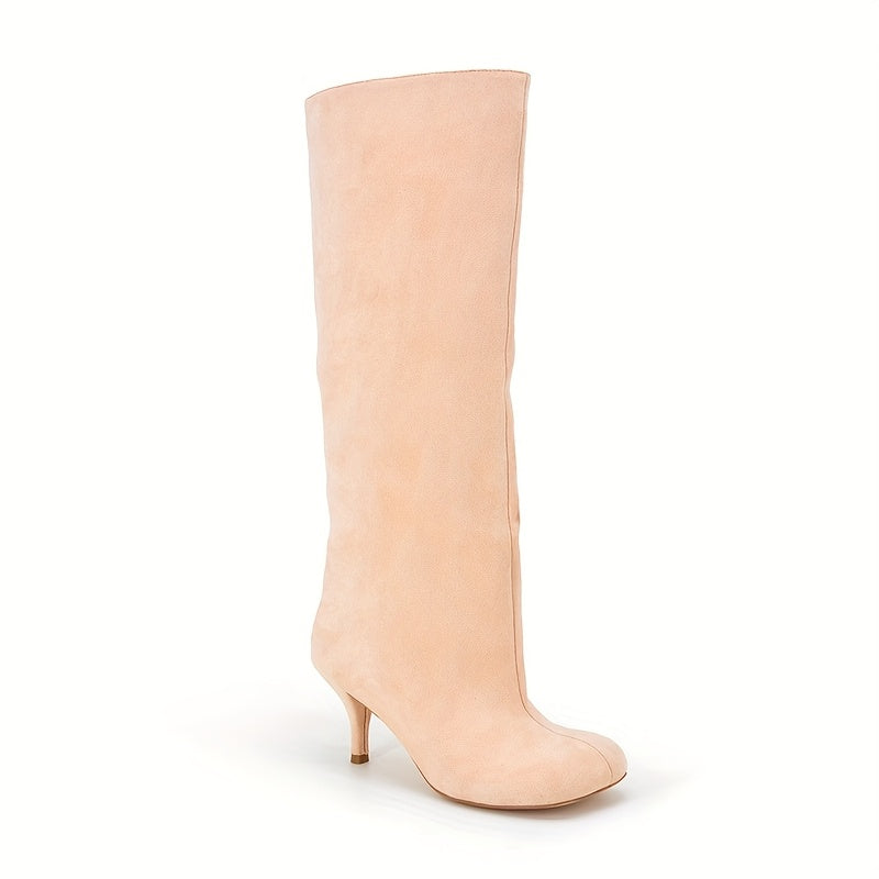 Women Beige Wide Calf Dress Boots Square Toe Slip-On High Heel