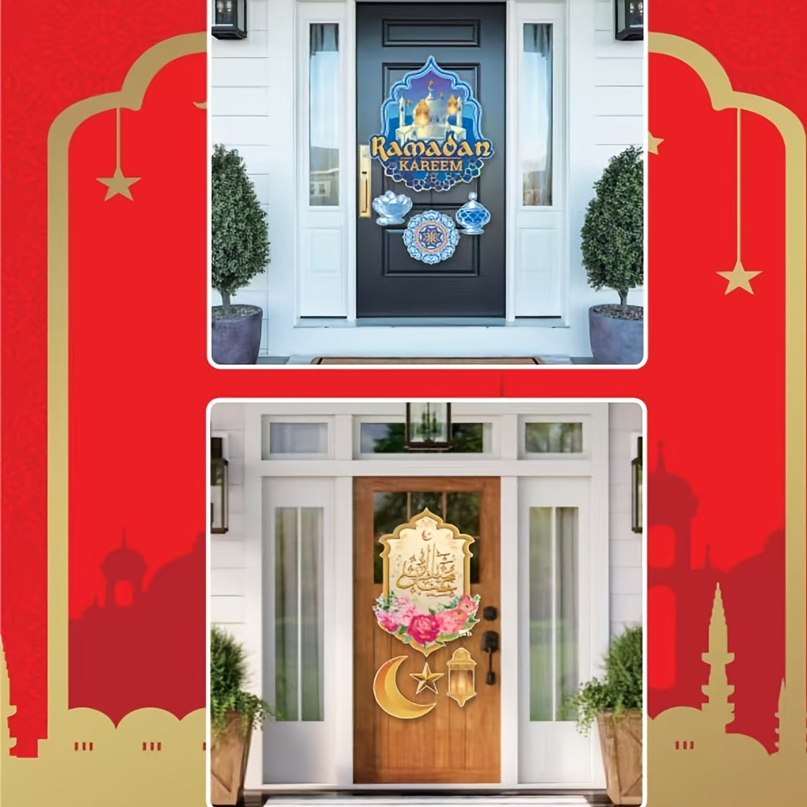 Eid Al-Fitr bayramini Ramazon Karim eshik bezaklari bilan nishonlang, unda Islomiy arabcha kaligrafiya, yarim oy dizayni va bayram devor bezaklari mavjud. Qog'oz materialidan tayyorlangan, 14 yosh va undan katta yoshdagilar uchun mos.