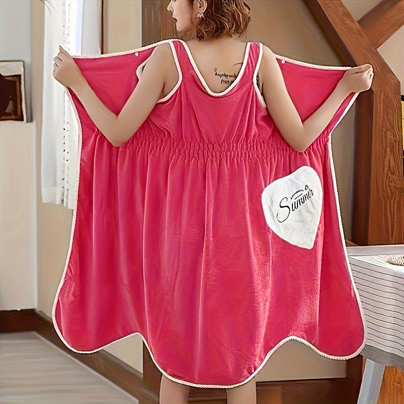 Adult Coral Fleece Wearable Bath Towel with Heart Pocket and Elastic Waistband Absorbent Non-Shedding