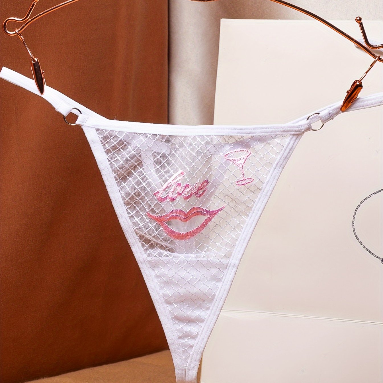 Women’s Mesh Plaid Thong Panties with Love Heart Embroidery and Rhinestones
