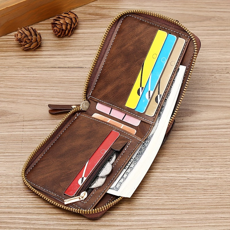 Men's PU Zipper Wallet with Button Decor Credit Card Holder Bifold Coffee