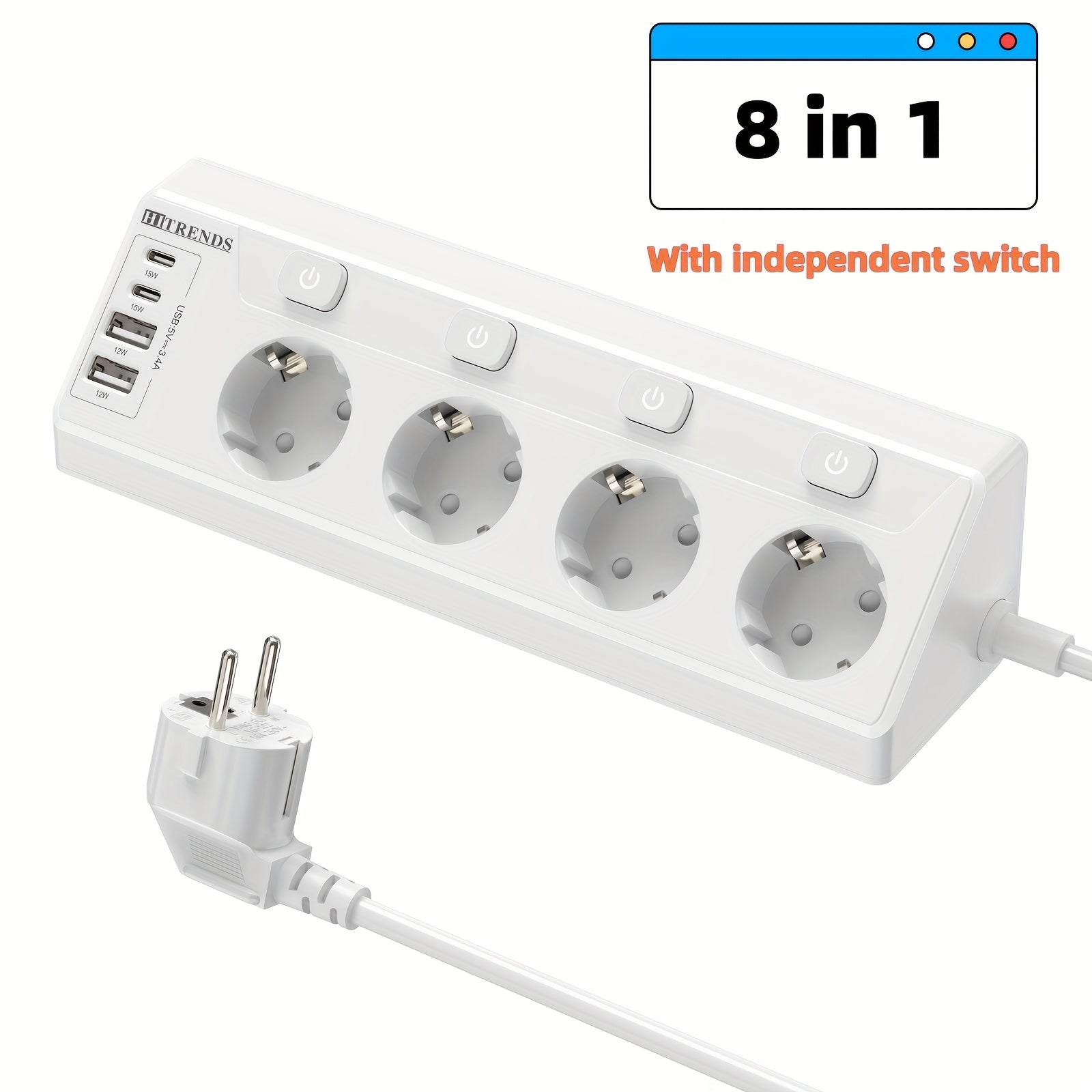 White Power Outlet Strip with 4 AC Sockets 2 USB-A Ports 4 USB-C Ports 1.8m Cable