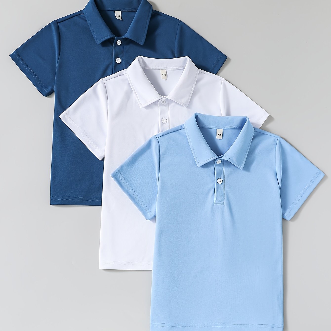 Boys Summer Shirts Short Sleeve Solid Color Knit Polyester Lapel Casual Loose Fit 3 Pack