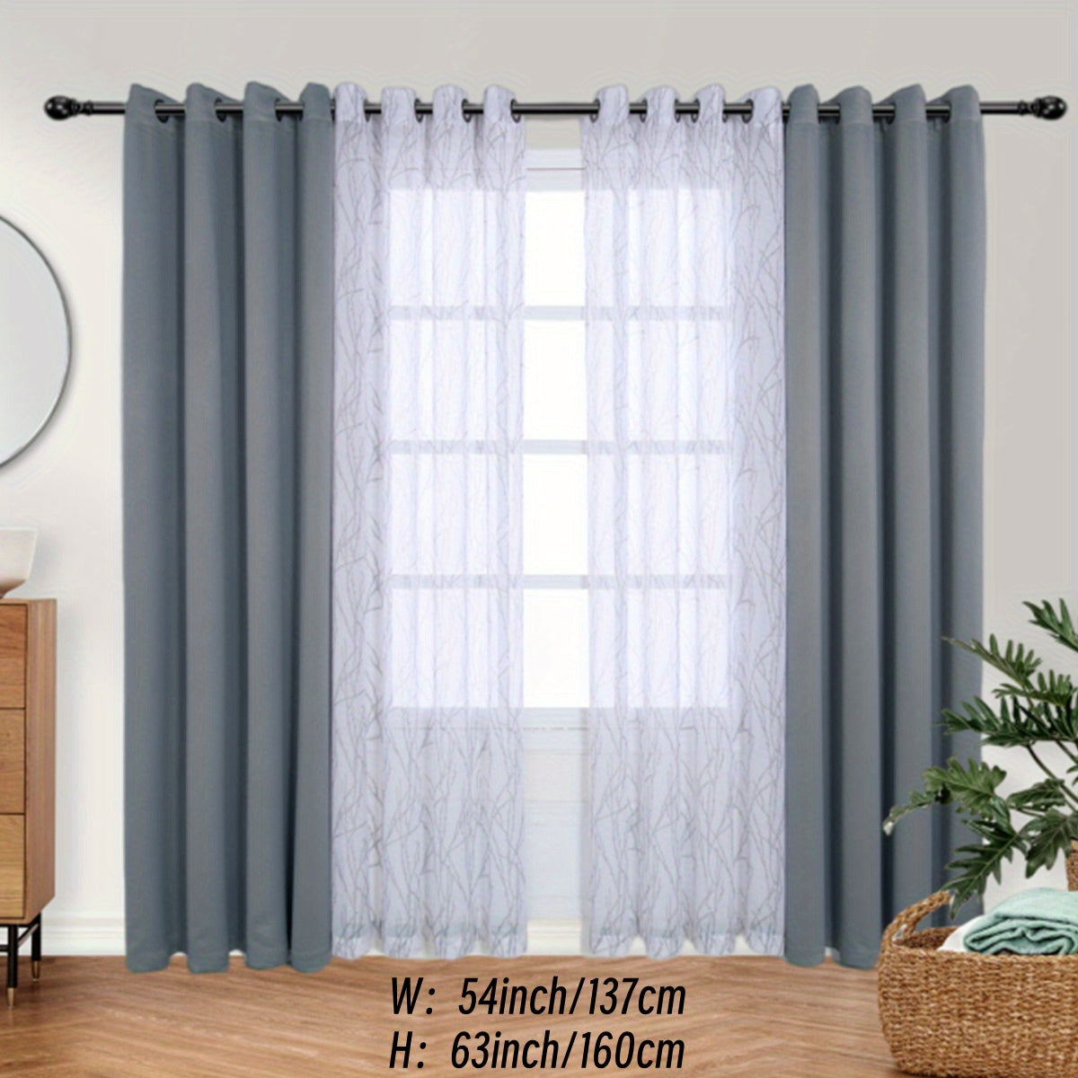 Set of 2 Bedroom Living Room Curtains Blackout Sheer Grommet 54x84 Dark Gray