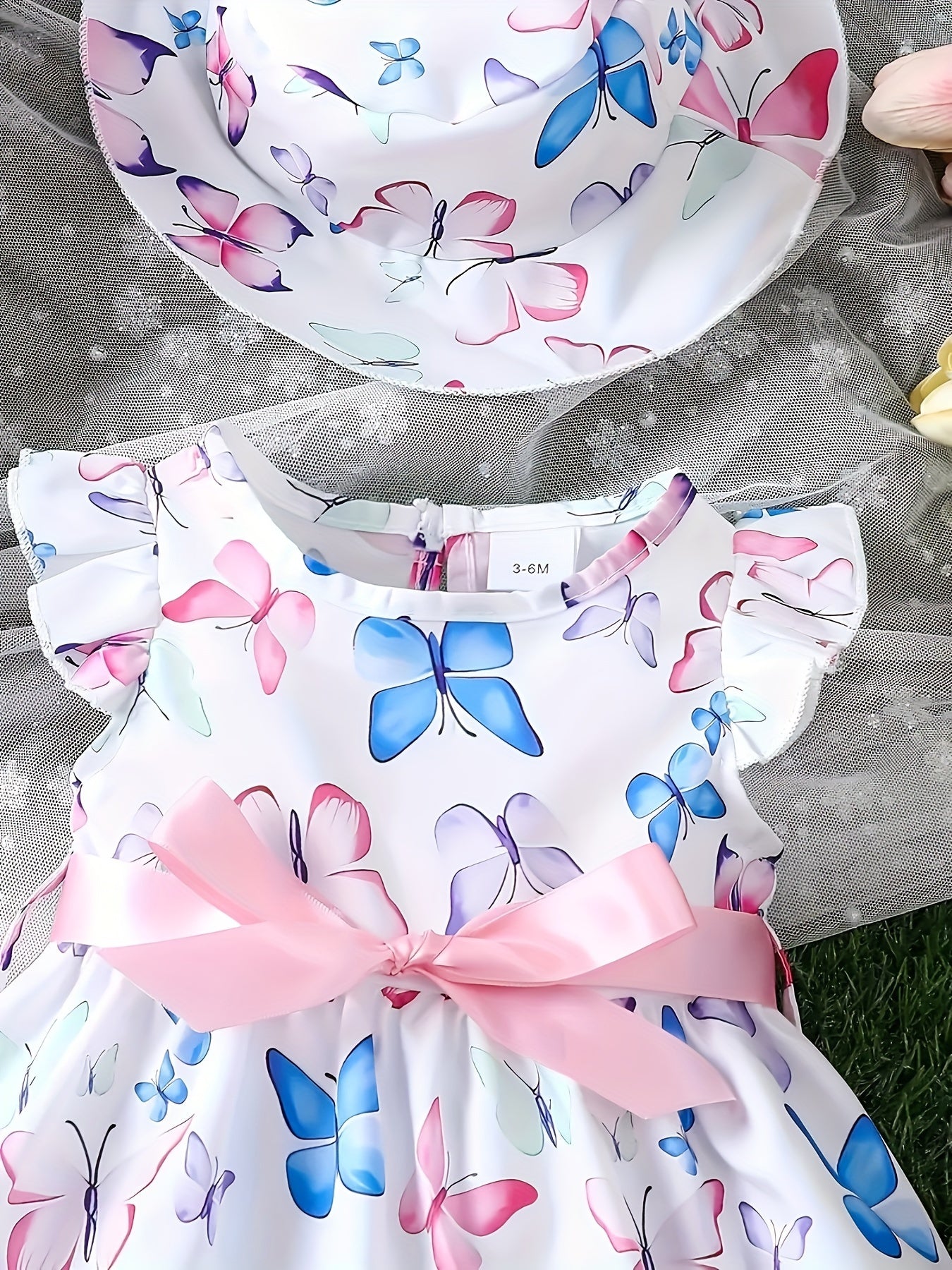 Toddler Girls Butterfly Print Summer Dress with Flutter Sleeves and Matching Hat
