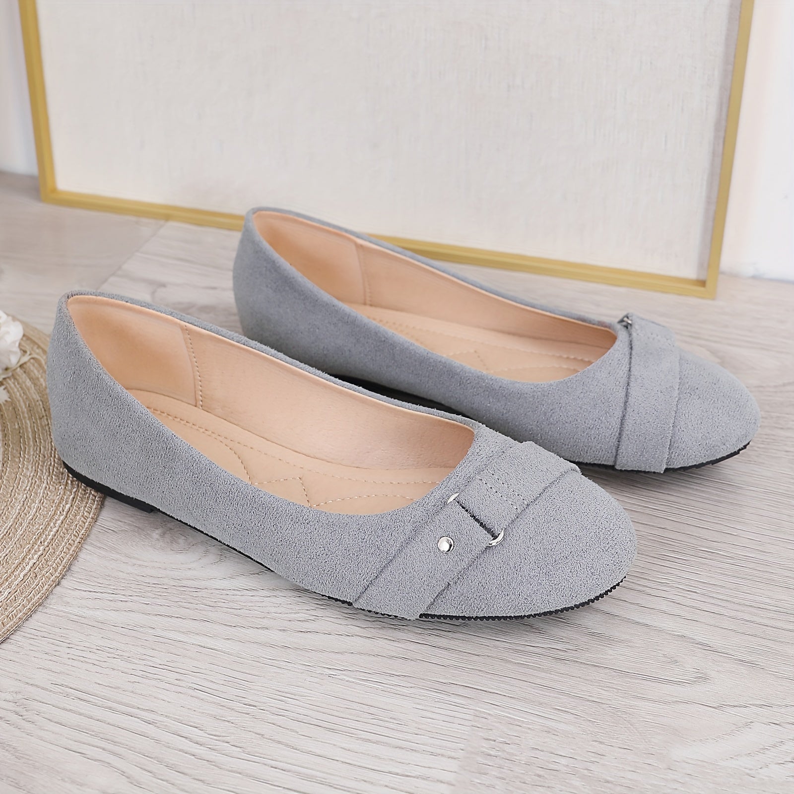 Women Black Flannel Slip-On Ballet Flats with Ankle Strap Casual Shoes