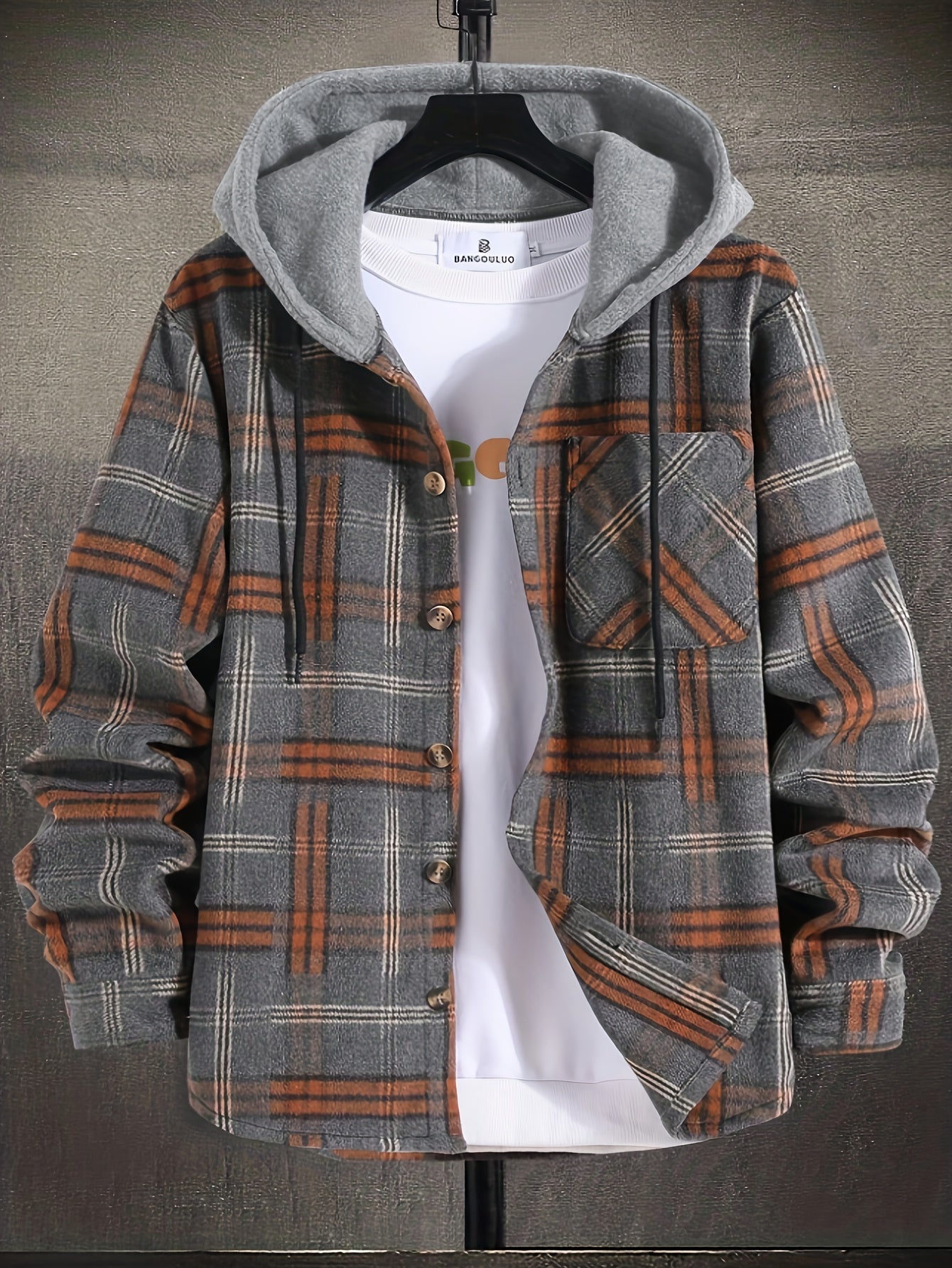 Chaqueta de manga larga con capucha y estampado de cuadros para hombre, ropa exterior casual y cálida para otoño