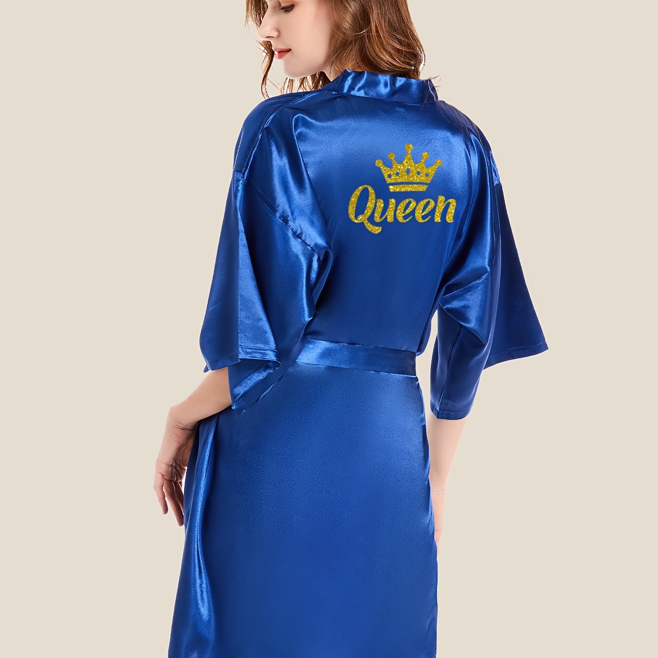 Women's Night Robe with Queen Letter Pattern V-Neck 3/4 Sleeves Belt Polyester