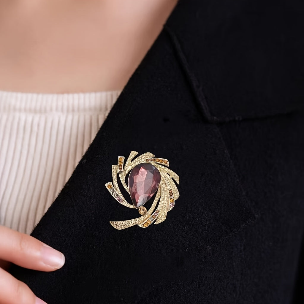 Elegant Teardrop Flower Brooch Pins Rhinestones Alloy Jewelry for Women Dress Coat Accessories