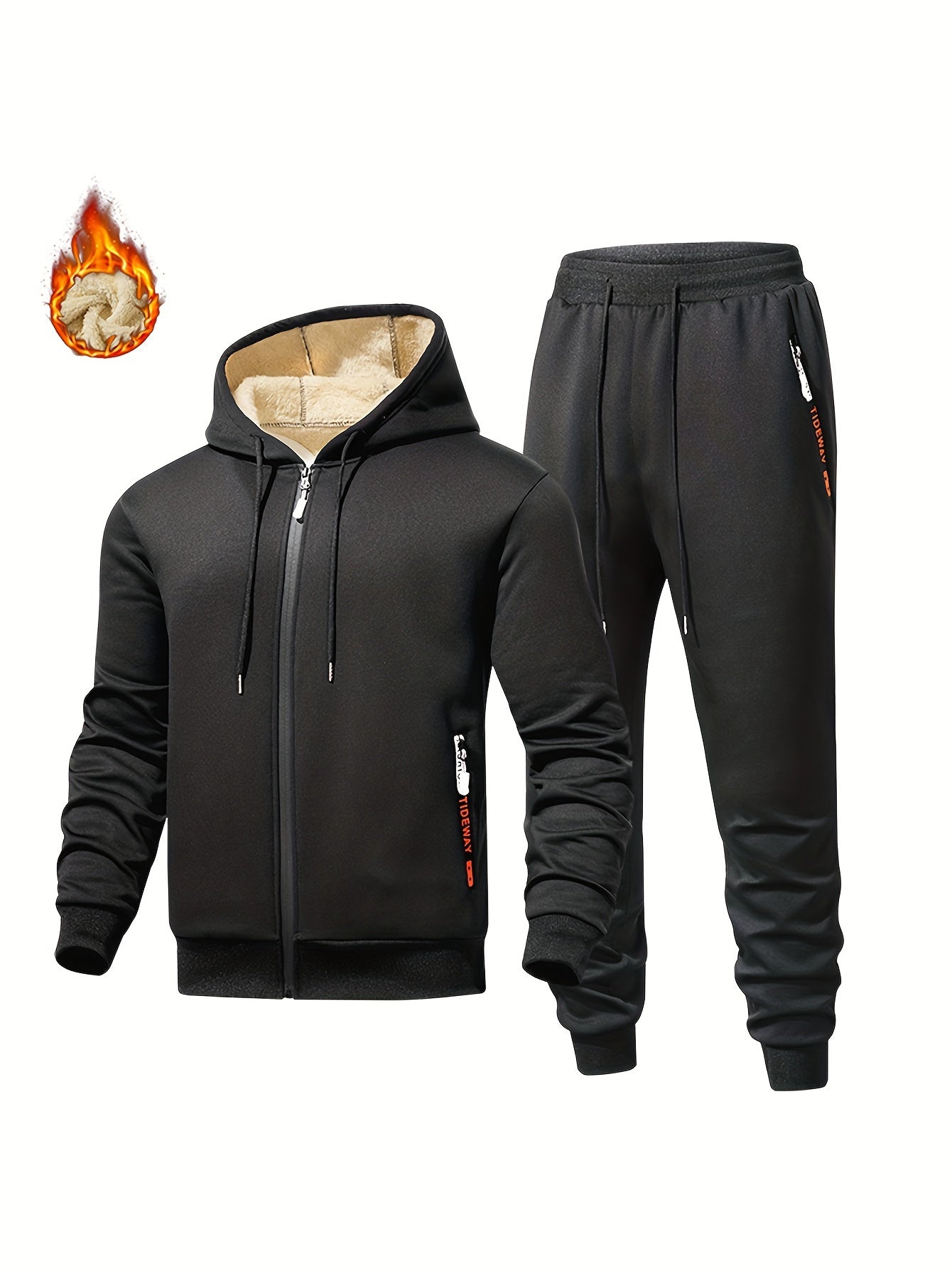 Men's Fleece Lined Tracksuit Set Hooded Zip-Up Coat and Drawstring Pants for Fall Winter