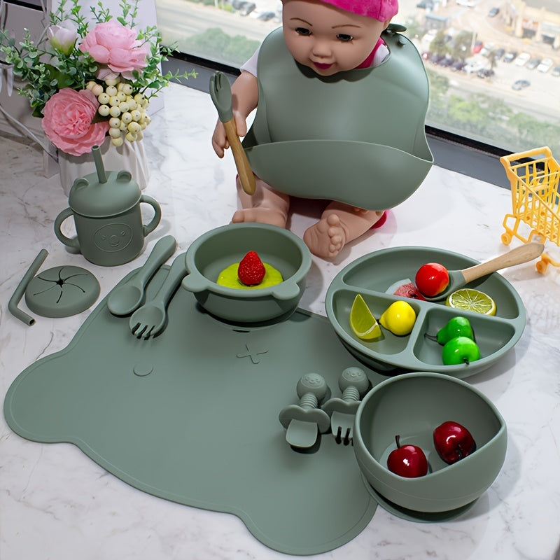 Children's Silicone Feeding Set 9pcs Divided Plates Sucker Bowl Bib Drinking Cup