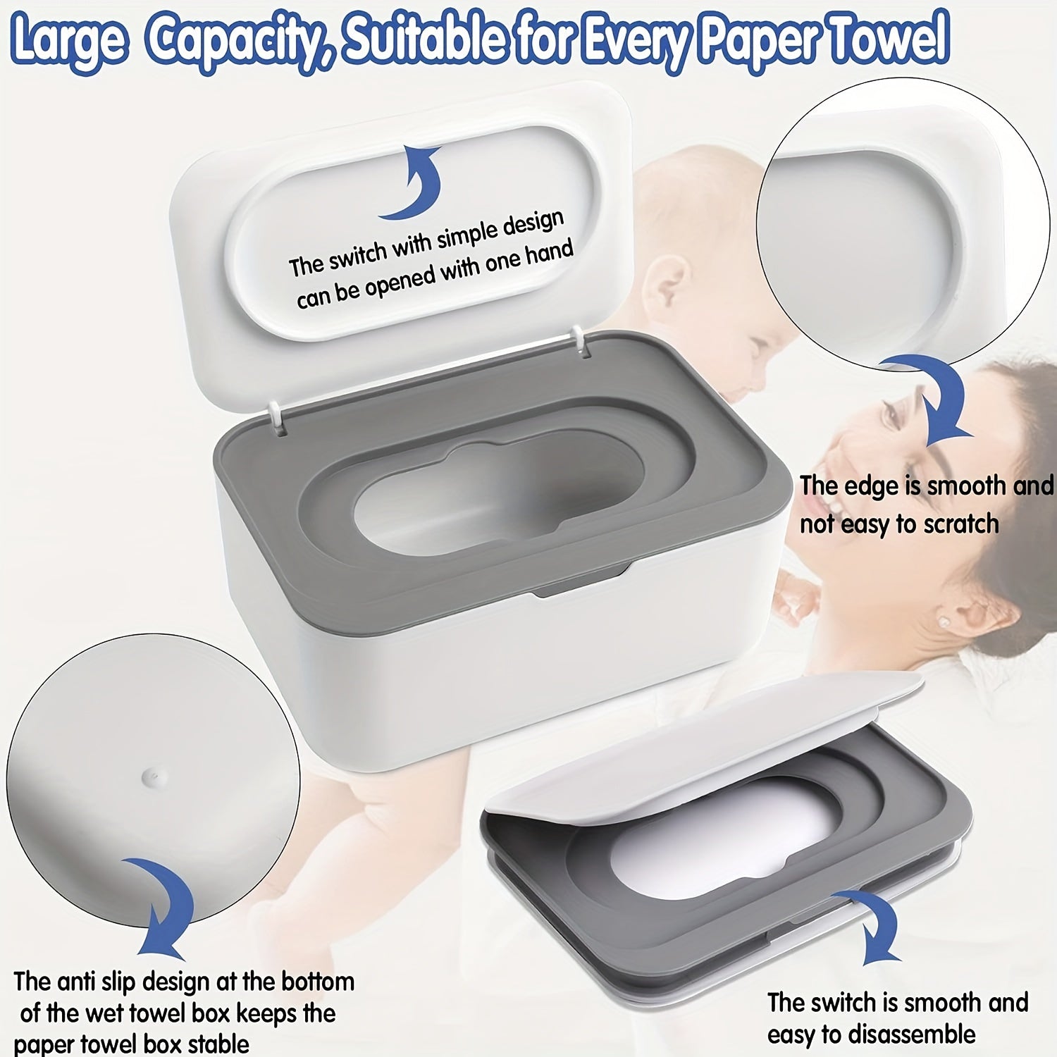 Gray Wipes Dispenser with Lids Reusable Container Sealing System for Bathroom