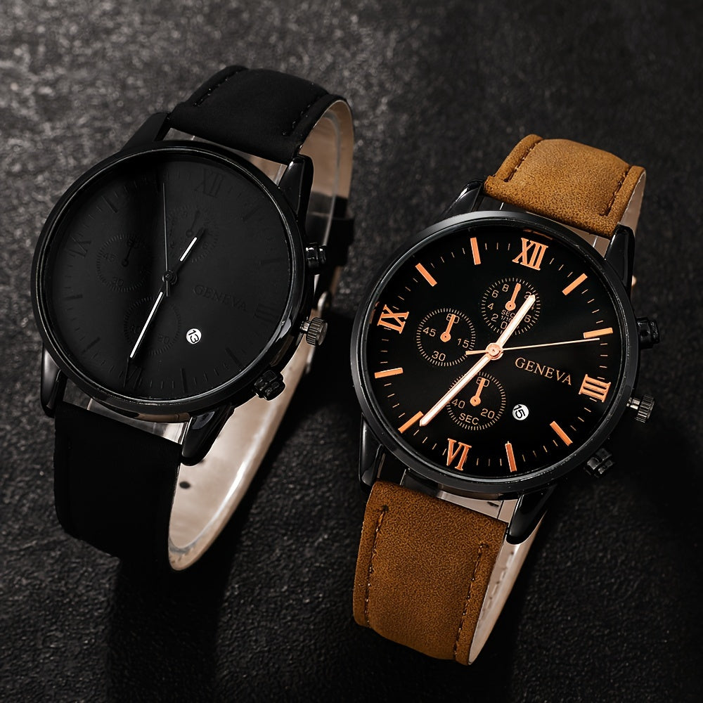 Men's Quartz Watch Set with Calendar Leather Strap Analog Stylish Alloy Case for Graduation or School