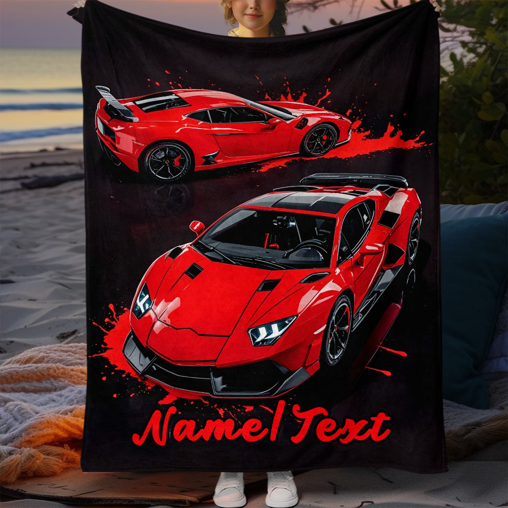 Red Sports Car Flannel Throw Blanket Personalizable Cozy Lightweight for Home Travel
