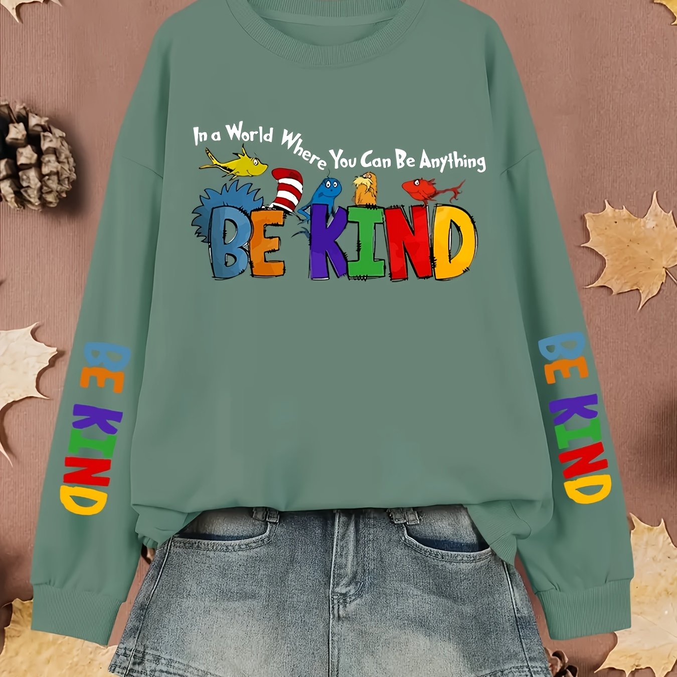 Plus Size Animal Alphabet Print Sweatshirt Casual Crew Neck Pullover Polyester Knit Fall Winter Cozy Top
