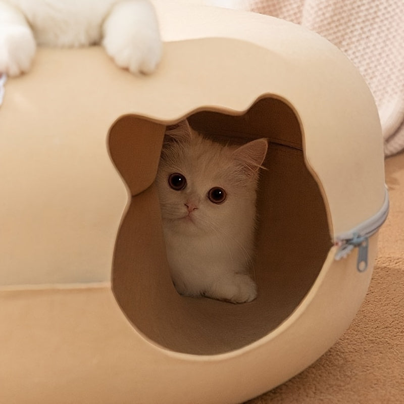 Felt Cat Shelter with Zippered Entrance and Detachable Bed for All Seasons