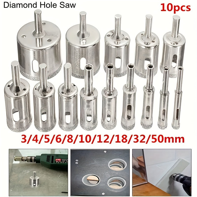 Set of 10 Diamond-Coated Drill Bits for Marble Glass Ceramic Porcelain