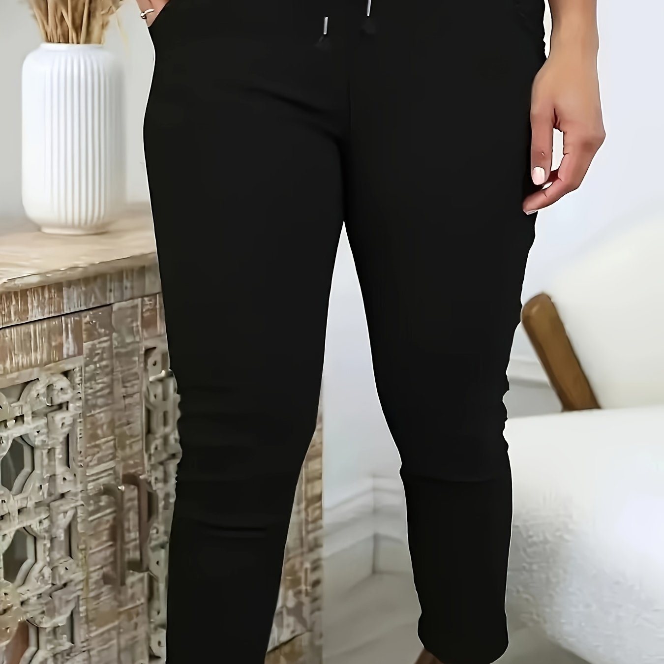 Pantalones ajustados de talla grande para mujer de color sólido, poliéster, punto, elasticidad media, cintura elástica, bolsillos