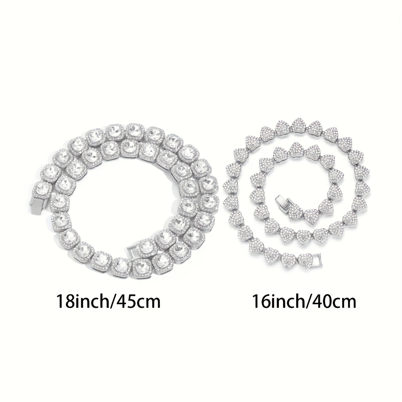 Two Pieces Hip Hop Ice Heart-Shaped Rock Candy Necklaces with Cuban Chain Punk Jewelry for Men Women