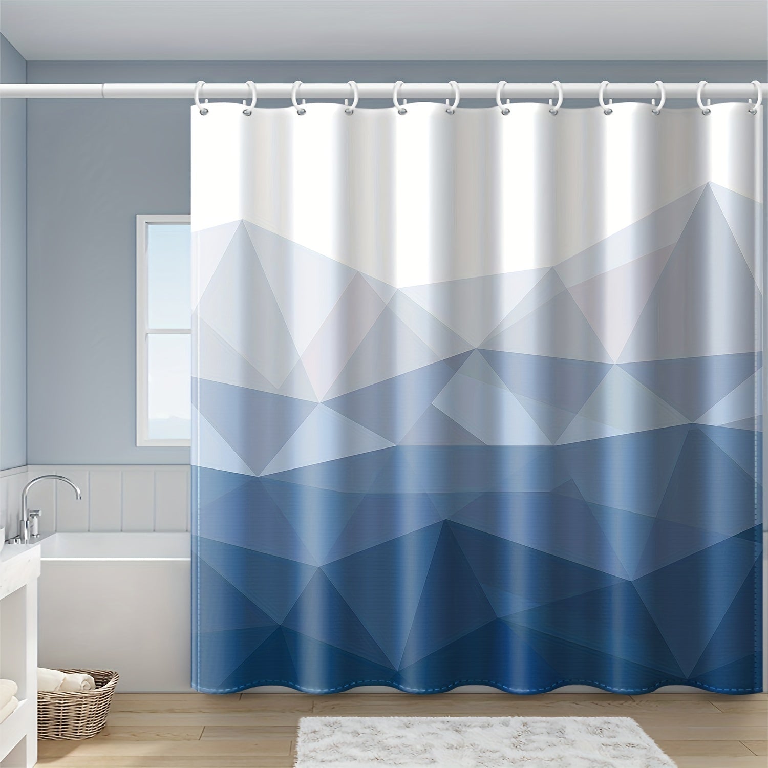 Blue Gradient Geometric Pattern Shower Curtain Waterproof Polyester with 12 Hooks for Bathroom or Hotel