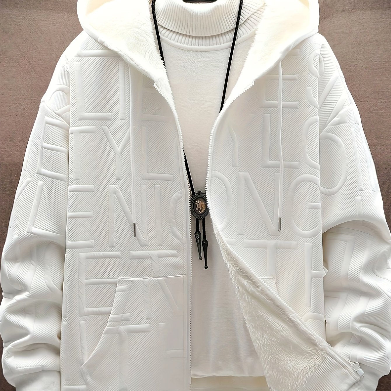Black and White Letter Print Hooded Jacket for Men with Plush Lining Fall Winter Casual Streetwear