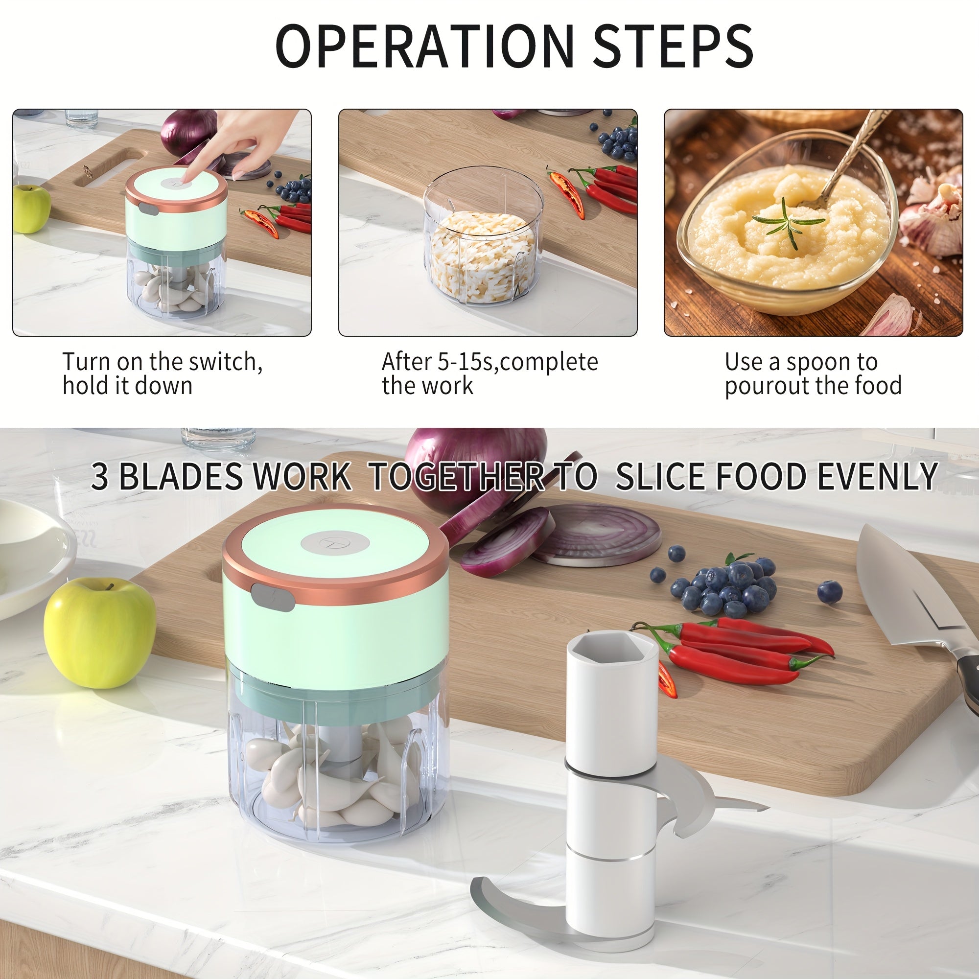 Electric Mini Garlic Chopper USB Rechargeable Stainless Steel Blades Safety Lock Ginger Chili Onion Grinder