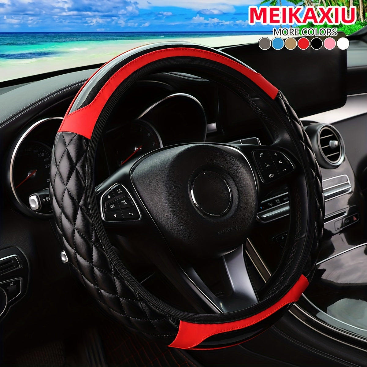 3D Embroidered Crystal Carbon Fiber Faux Leather Steering Wheel Cover Universal Fit 36.83-38.1 cm for Cars in 5 Colors