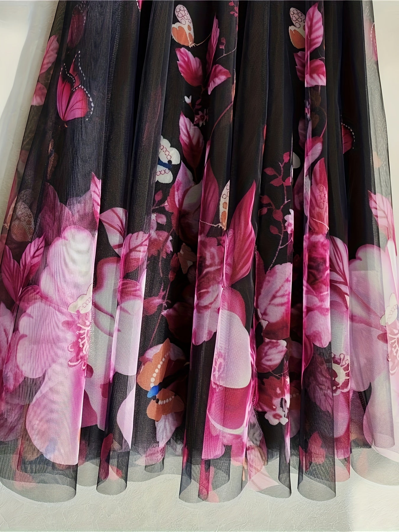 Women's Maxi Skirt with Floral and Butterfly Print Ruffle Hem Polyester All-Season