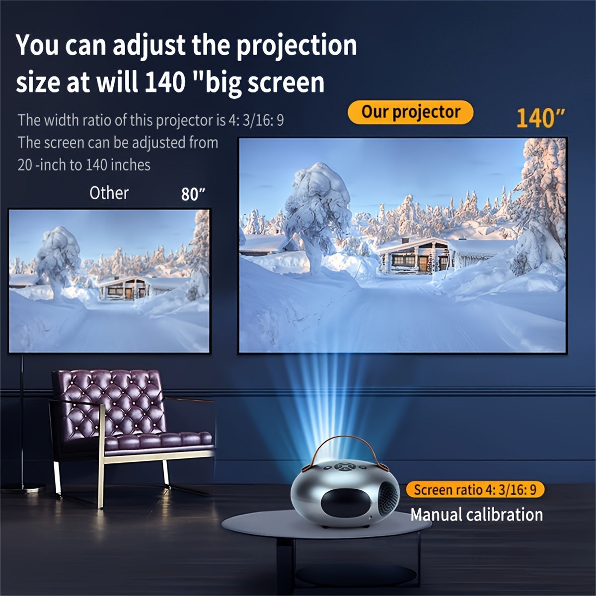 Portable Projector 7500 Lumens 1080P Wireless Smartphone Compatible