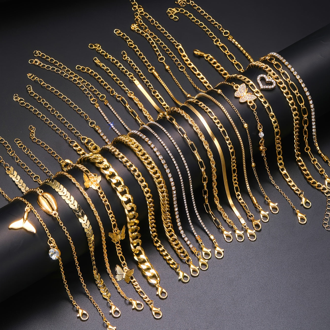 Set of 22 Bohemian Charm Bracelets with Shell Heart Butterfly Fish Tail Crystal Accents for Beach and Party Wear