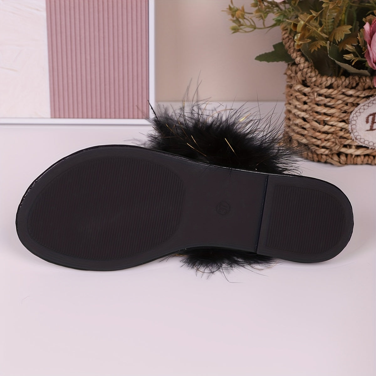 Women's Black Faux Fur Slip-On Flat Shoes with Pearl Accents
