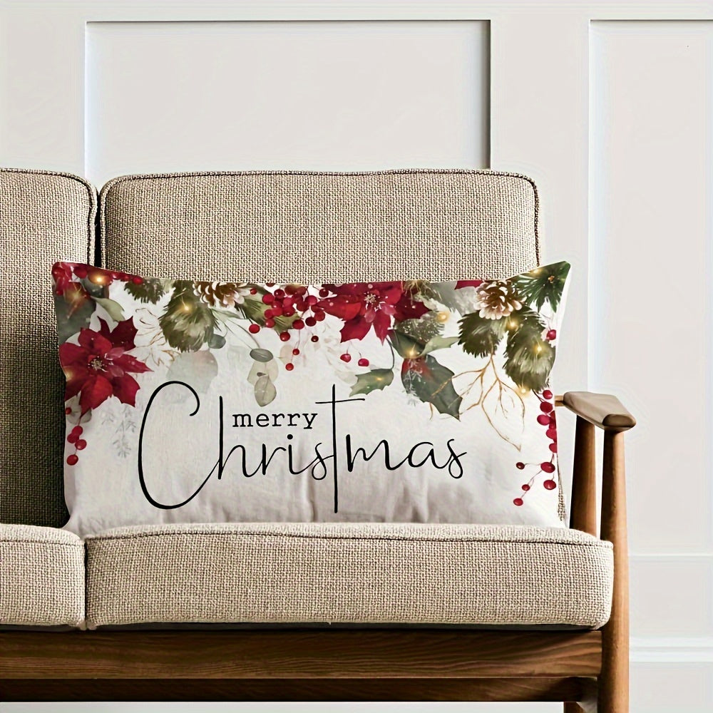 Merry Christmas Pillow Cover Farmhouse Decor Woven Polyester Festive Cushion