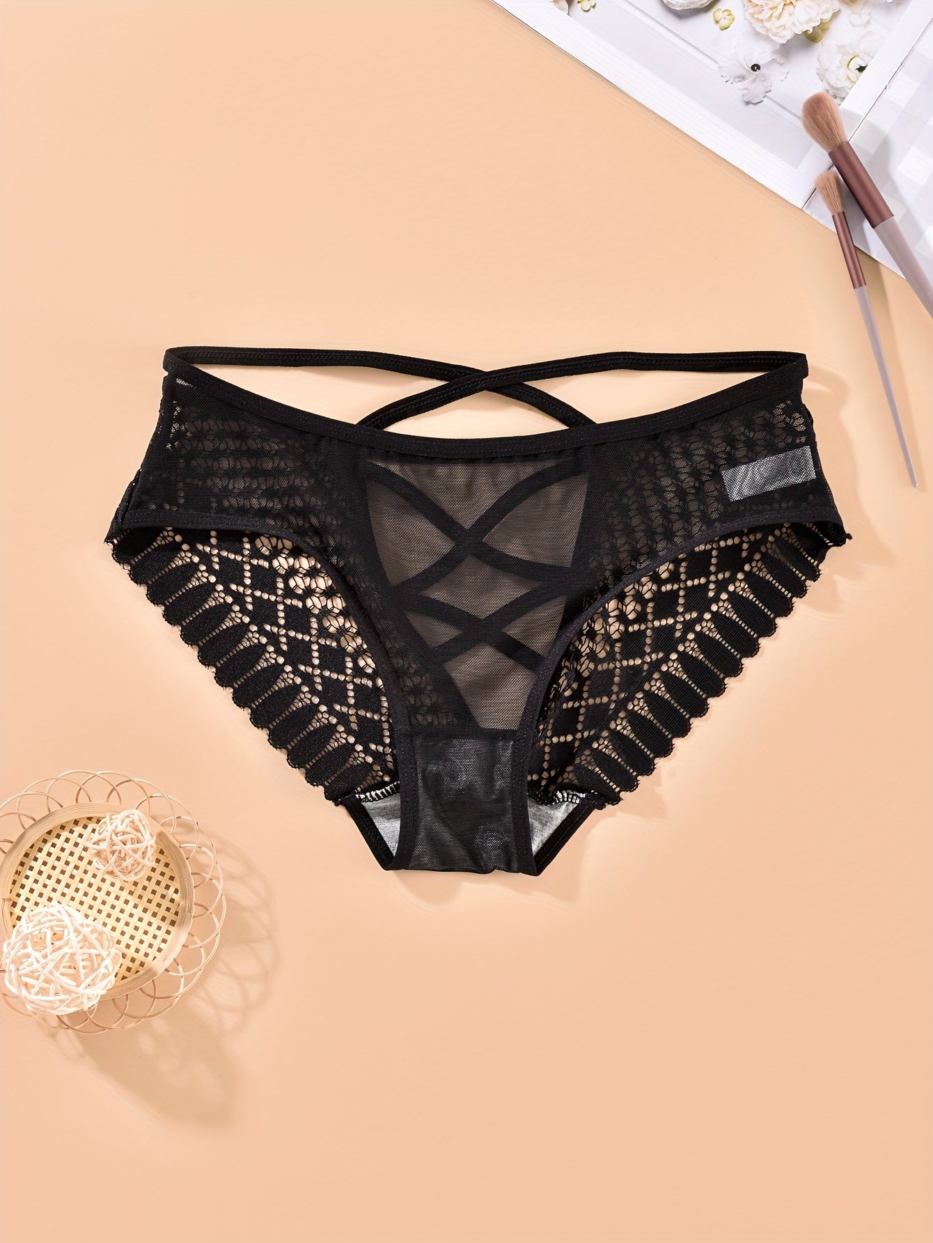 Women's Mesh Hipster Panties with Cross Strap and Hollow Design