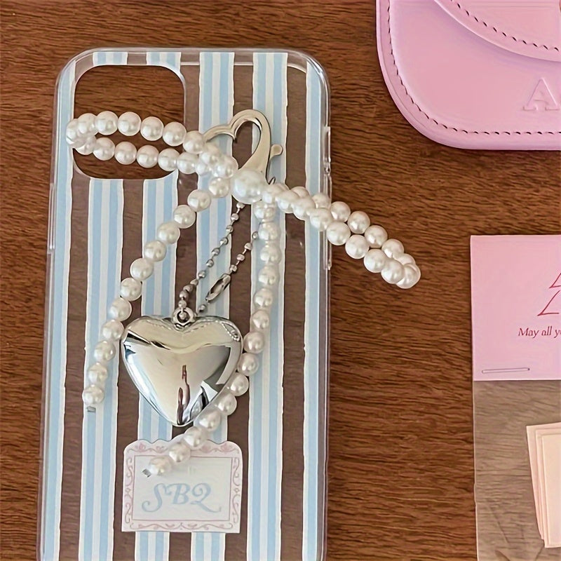 Large Heart-Shaped Metal Pendant with Pearl Bow for Women Girls Mobile Phone Camera Bag Keychain