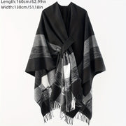 Women's Black and White Striped Cardigan Open Front Tassel Shawl Spring Autumn Windproof Warm Large Cloak
