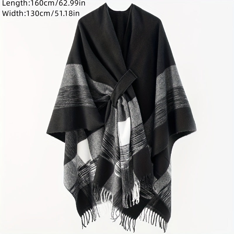 Women's Black and White Striped Cardigan Open Front Tassel Shawl Spring Autumn Windproof Warm Large Cloak