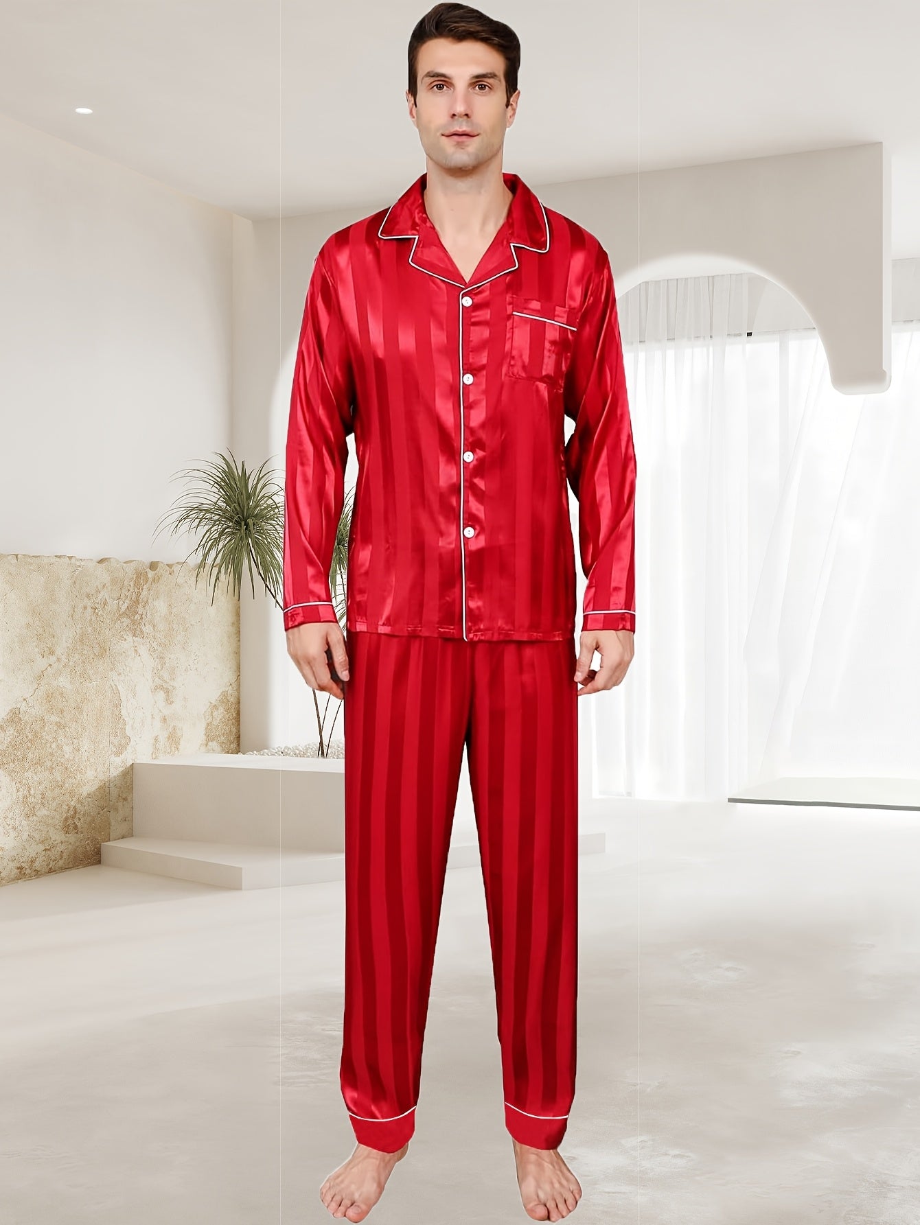 Men's Long Sleeve Striped Pajama Set for Spring and Fall Casual Home Wear