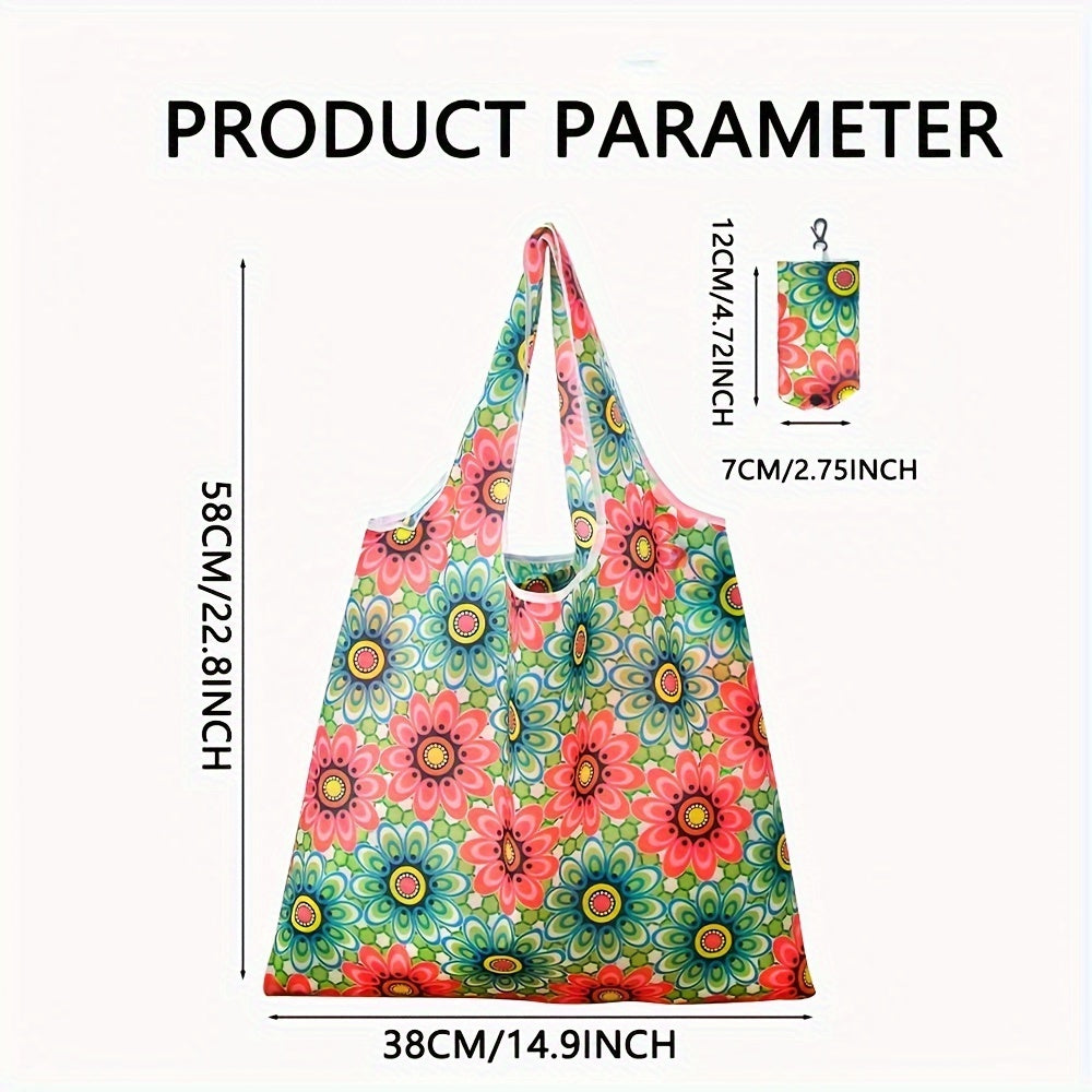 Large Foldable Tote Bag with Floral Pattern, Durable Polyester, Reusable Shopping