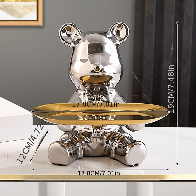 Ceramic Bear Figurine with Metal Tray Modern Home Decor Key Organizer