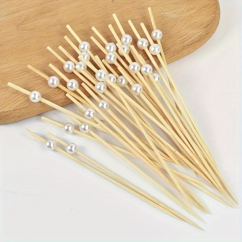 Set of 100 Bamboo Cocktail Picks with Pearls for Appetizers and Fruit Skewers