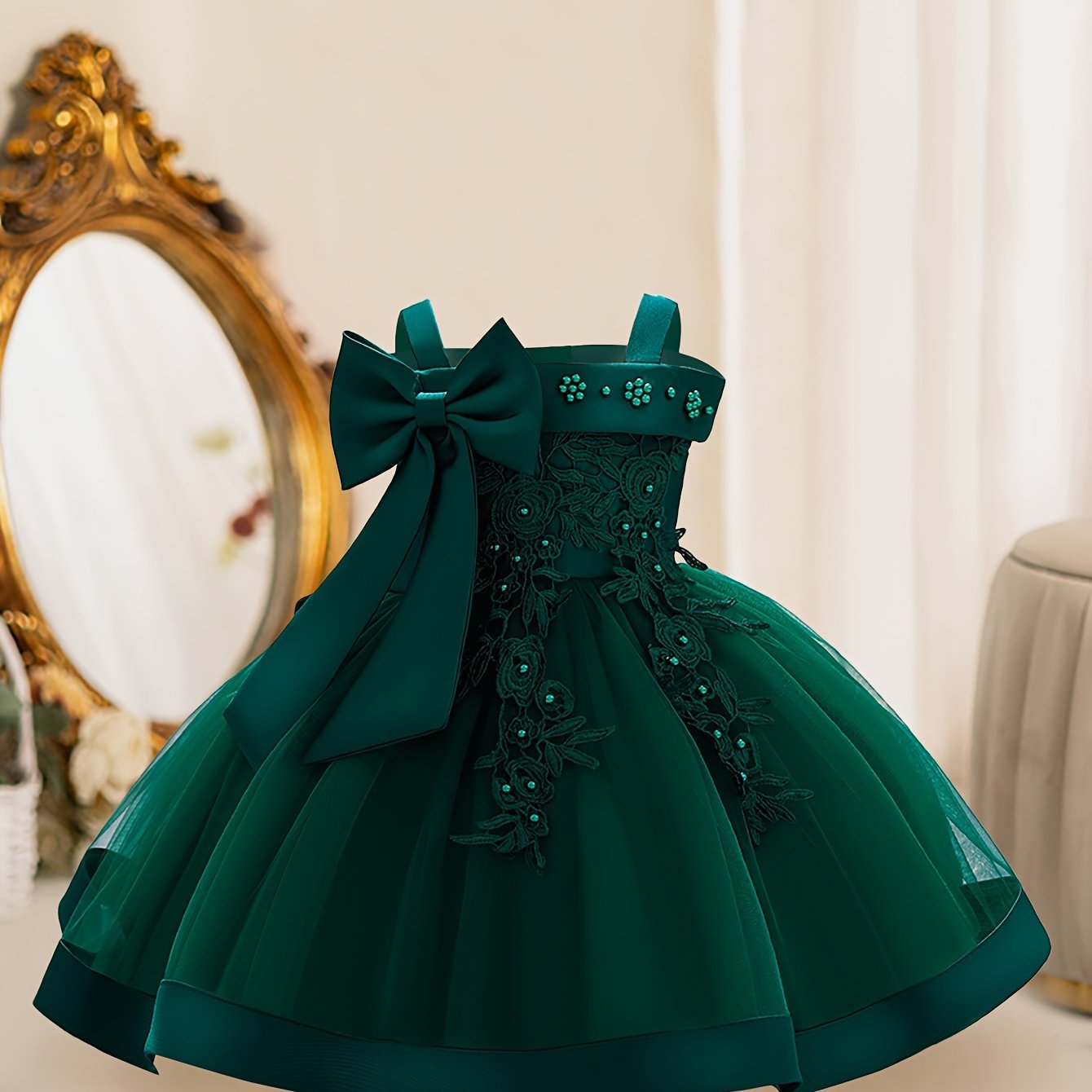 Girls Sleeveless Flower Embroidered Midi Dress with Bowknot for Formal Parties