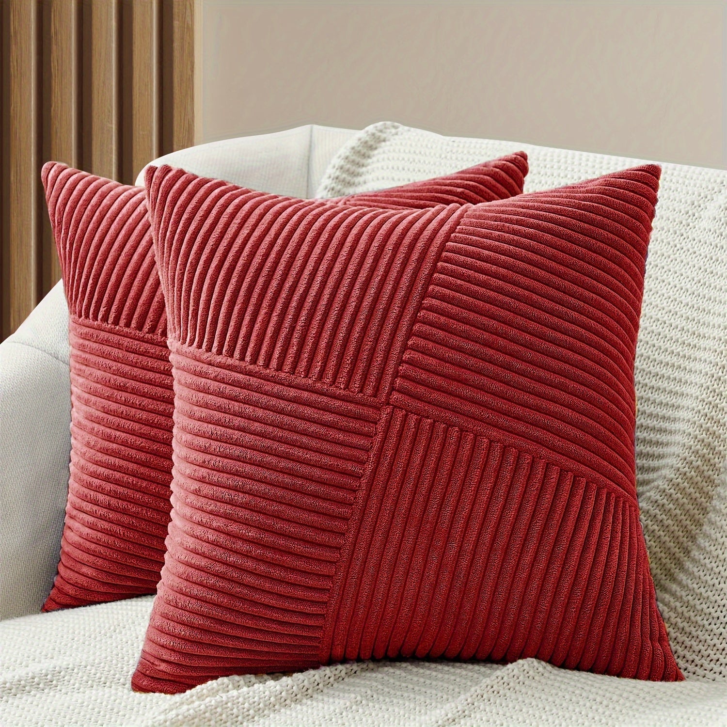 Bohemian Style Corduroy Throw Pillow Covers 2-Pack 45.72x45.72 cm Zippered Polyester Square Cushion Cases for Sofa Bed
