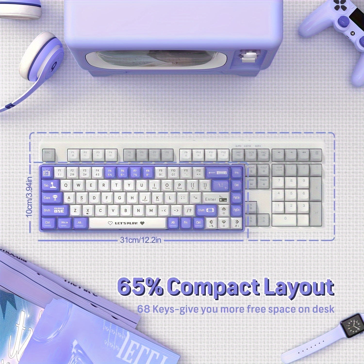 Wired Mechanical Gaming Keyboard 65% RGB Backlit Red Switches Ergonomic Purple White