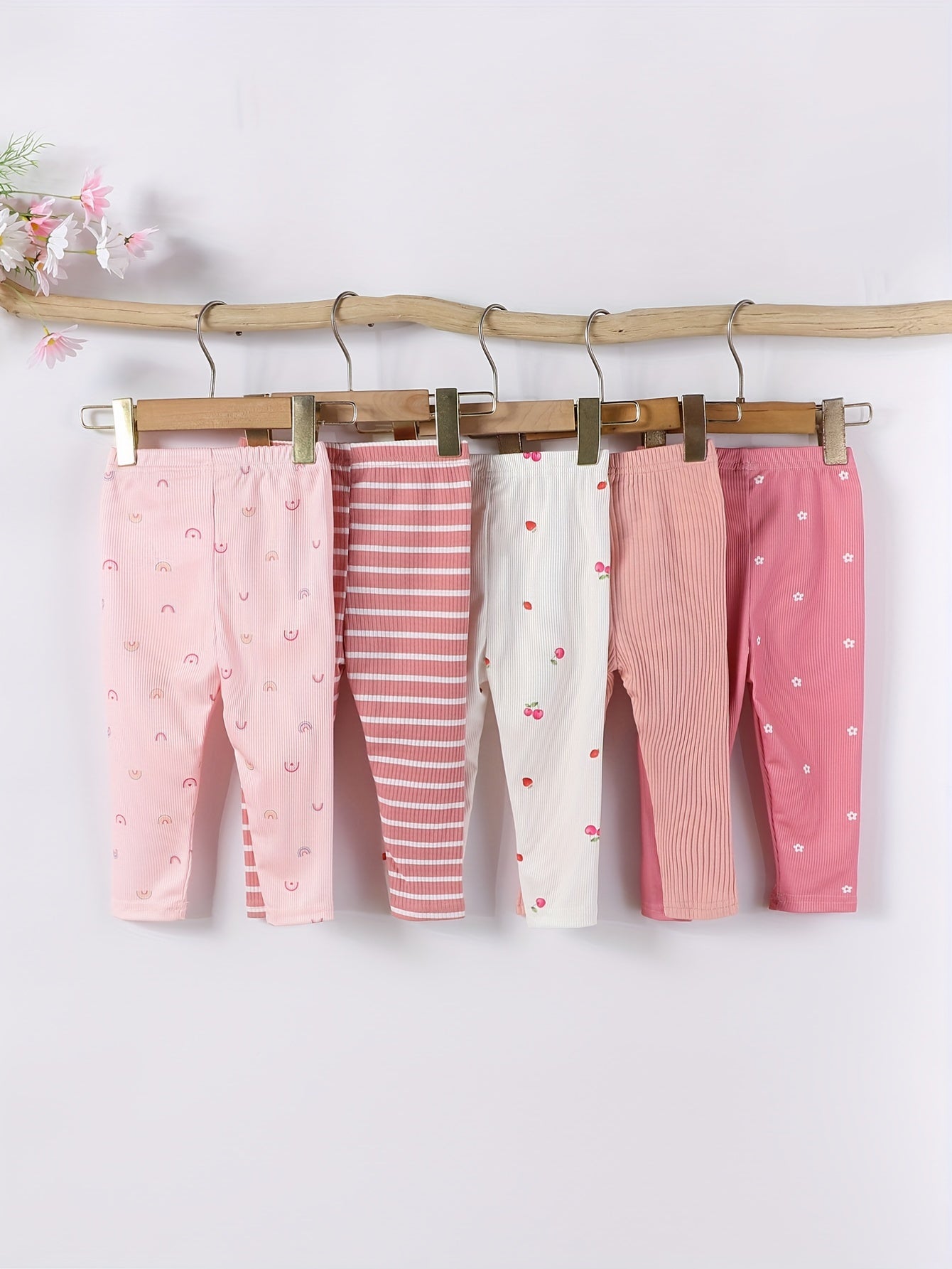 Girls Casual Trouser Set 5 Pieces Rainbow Flower Stripe Spring Summer Knitted Fabric