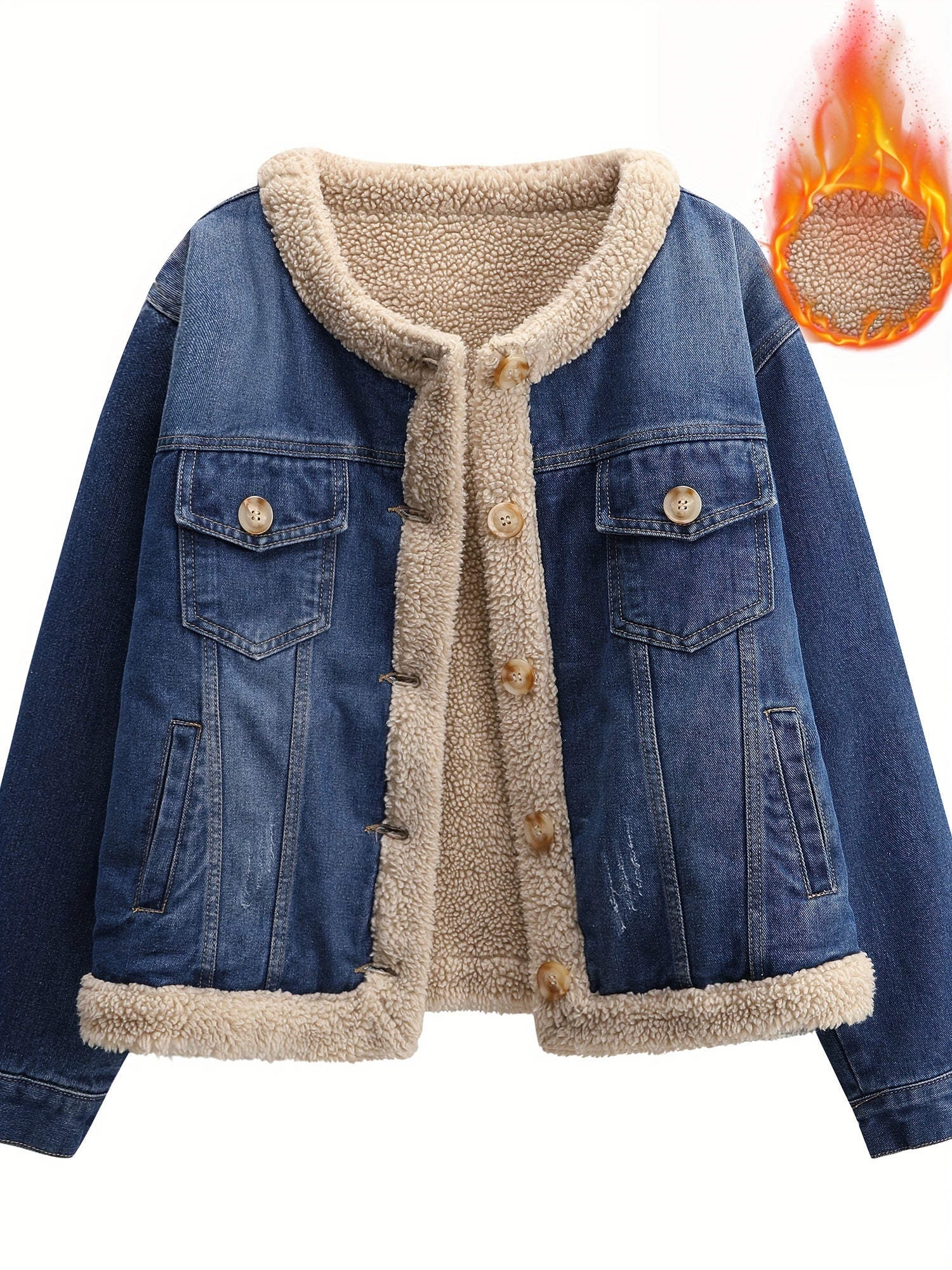Plus Size Denim Jacket for Women Fleece-Lined Casual Coat with Pockets