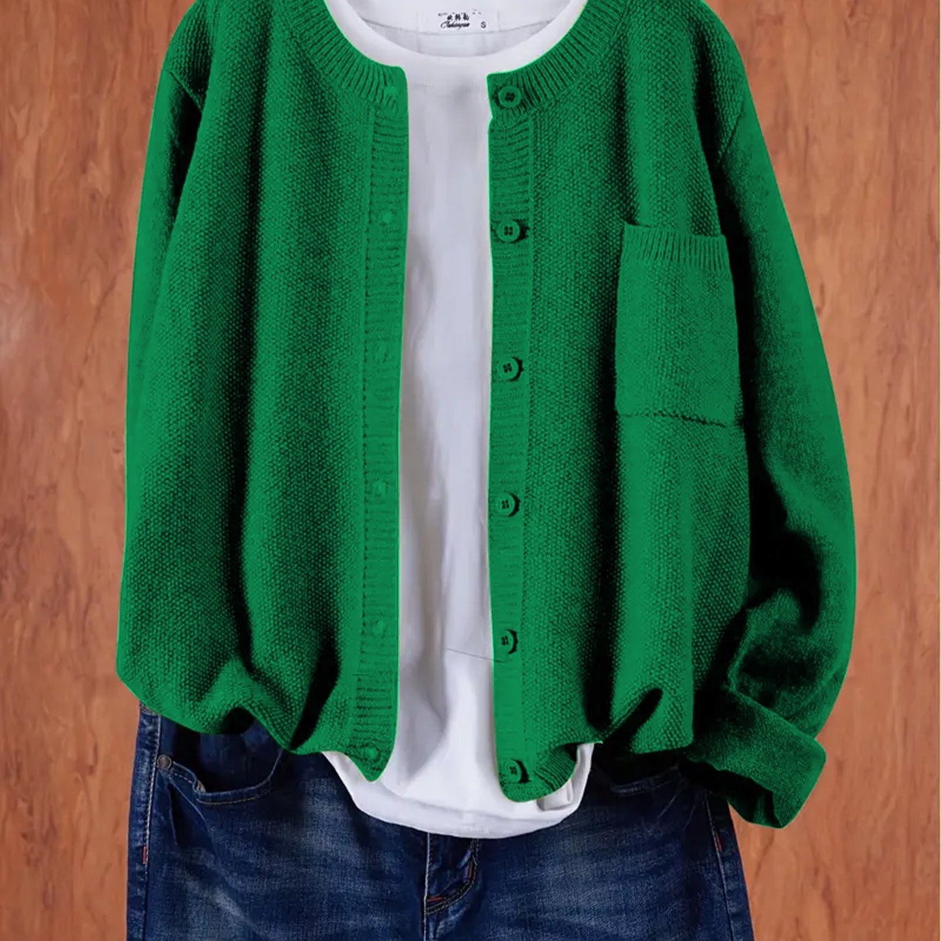 Cárdigan casual de punto para mujer talla grande rosa con botones y bolsillos