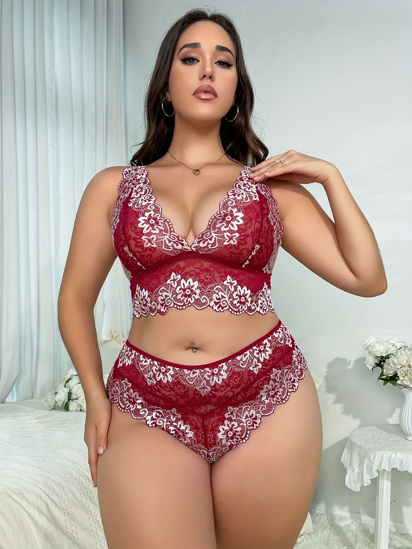 Women's Plus Size Floral Embroidery Semi Sheer Bra and Panty Lingerie Set