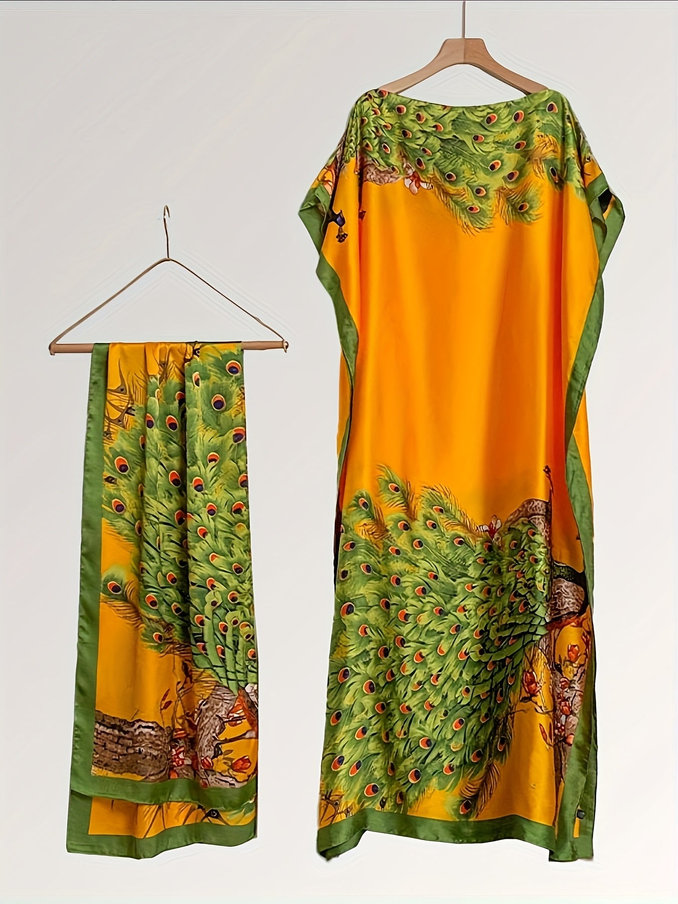 Plus Size Women's Maxi Dress with Peaocak Print, Short Sleeves, Green Yellow Blue Floral
