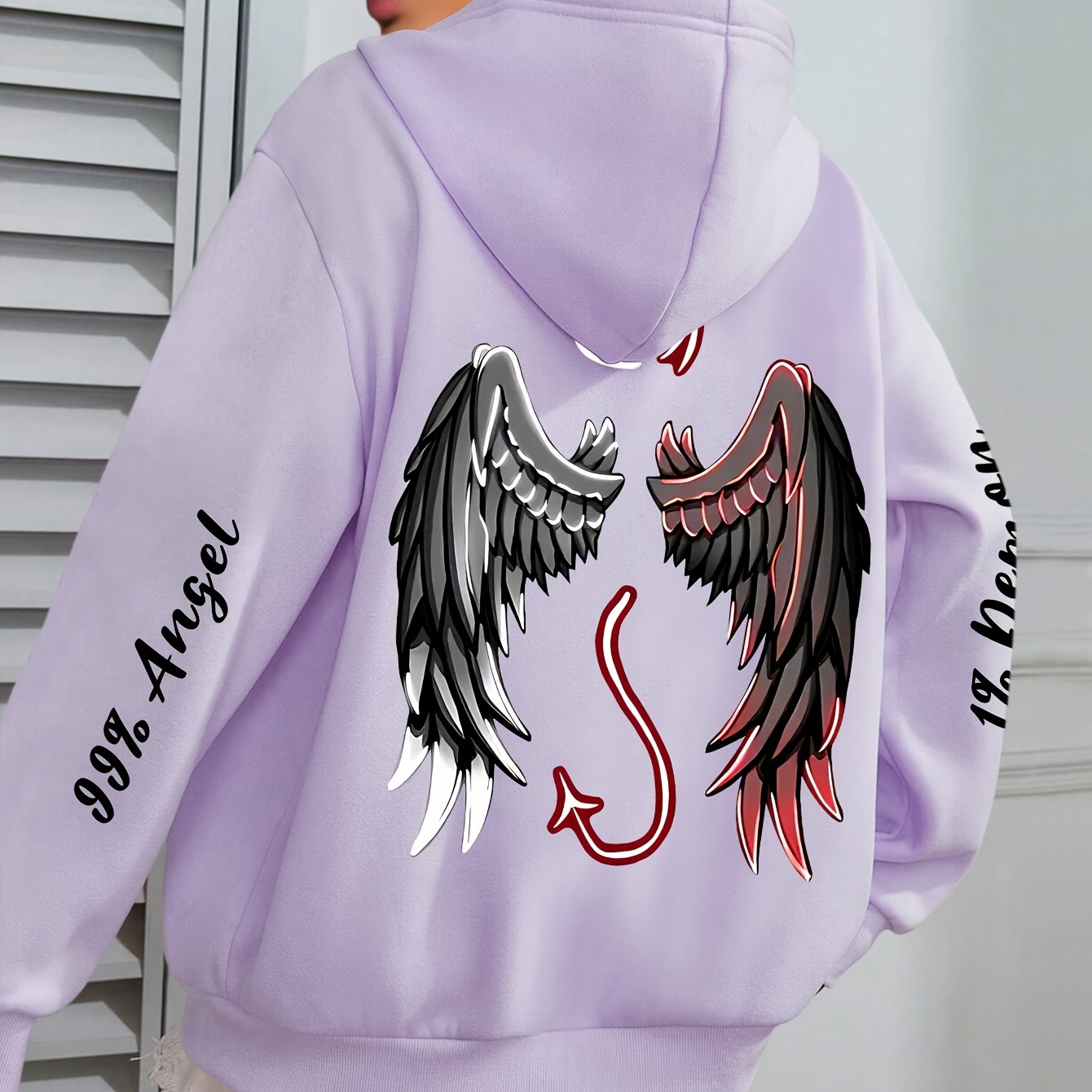 Plus Size Women's Angels & Demons Print Hoodie Long Sleeve Sweatshirt